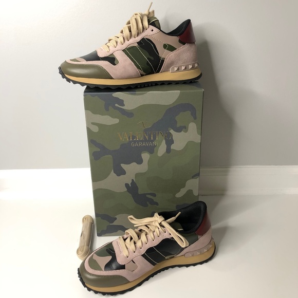 Valentino Green Camo Leather Pink Suede Lace up Rockstud Sneakers 36 - Picture 1 of 15